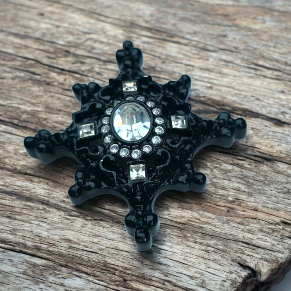 St. John Black Enamel Starburst Pendant Brooch Crystal Rhinestone Medallion Cros
